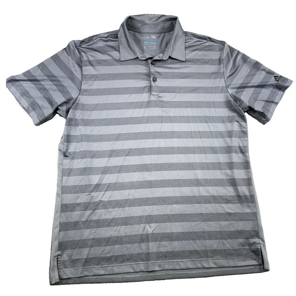 Adidas Men's Gray Striped Climacool Short Sleeve Polo Shirt Size L Preppy